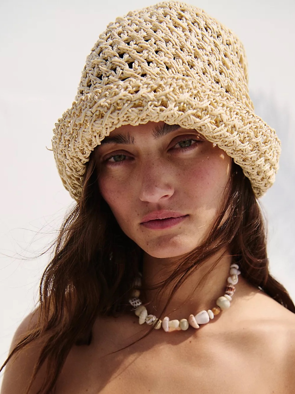 Free People Sailor Straw Hat Neutral Crochet Woven Bucket Hat NWT One Size